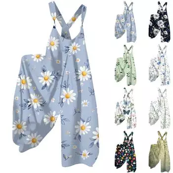 Женский летний комбинезон с цветочным принтом в винтажном стиле (Нерегулируемые ремни) L армия зеленый