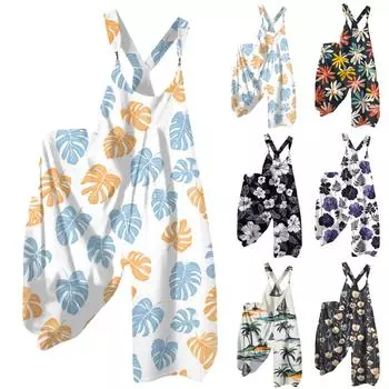 Женский летний комбинезон с цветочным принтом в винтажном стиле (Нерегулируемые ремни) M чёрный