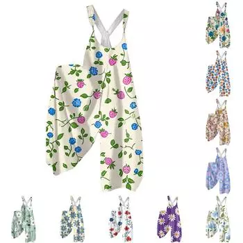 Женский летний комбинезон с цветочным принтом в винтажном стиле (Нерегулируемые ремни) L армия зеленый