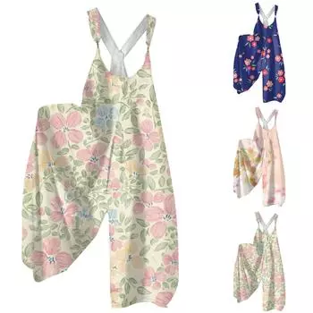 Женский летний комбинезон с цветочным принтом в винтажном стиле (Нерегулируемые ремни) L темно-синий