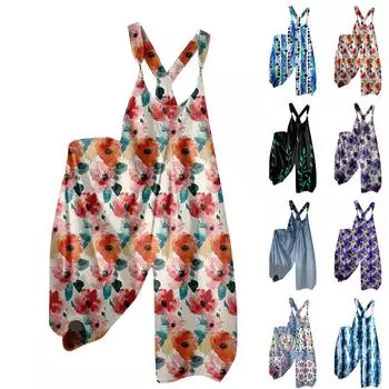 Женский летний комбинезон с цветочным принтом в винтажном стиле (Нерегулируемые ремни) L чёрный