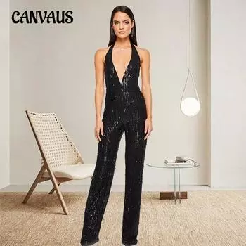 Женский летний комбинезон с глубоким V-образным вырезом без рукавов, блестками и открытой спиной с бахромой S шампанского