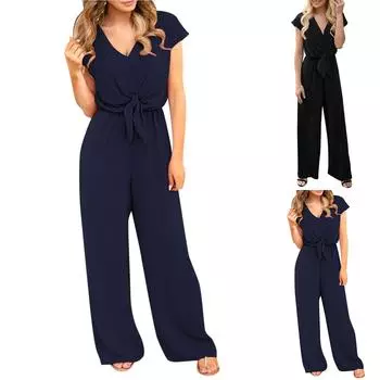 Женский летний комбинезон с коротким рукавом и V-образным вырезом M чёрный