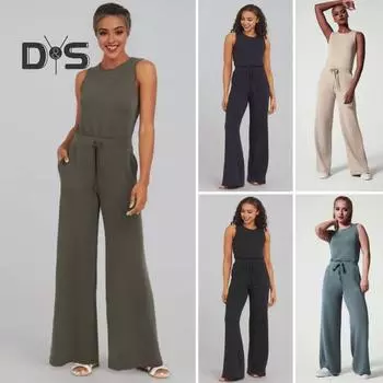 Женский летний комбинезон с круглым вырезом без рукавов на шнурке с высокой эластичной резинкой на талии Сплошной цвет Wde Leg Мягкий дышащий спортивный комбинезон на каждый день 2XL светло-синий