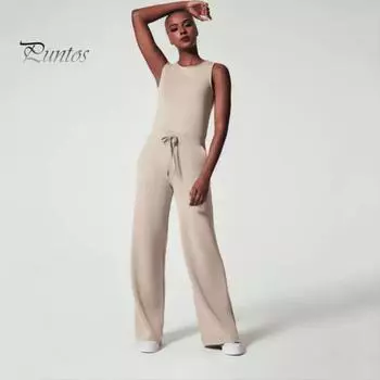 Женский летний комбинезон с круглым вырезом без рукавов на шнурке с высокой эластичной резинкой на талии Сплошной цвет Wde Leg Мягкий дышащий спортивный комбинезон на каждый день 2XL светло-синий