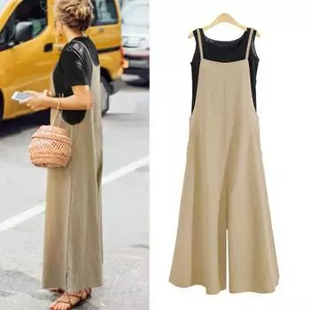 Женский летний комбинезон с квадратным вырезом без рукавов на тонких бретельках с широкими штанинами и глубоким промежутком Свободная однотонная повседневная футболка на каждый день Одинаковый длинный комбинезон XL темные хаки
