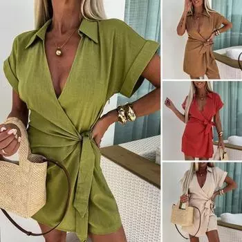 Женский летний комбинезон с лацканами и глубоким V-образным вырезом на шнуровке с узкой талией и короткими рукавами, чистый цвет, стиль отпуска S абрикосовый