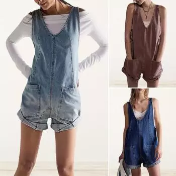 Женский летний комбинезон с открытой спиной и v-образным вырезом без рукавов, свободный регулируемый ремень в стиле ретро, накладной карман, сплошной цвет S светло-синий