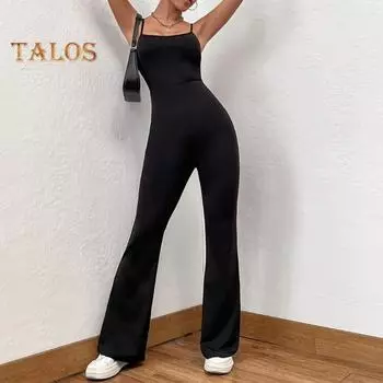 Женский летний комбинезон с открытой спиной и без рукавов, облегающий однотонный сплошной цвет с квадратным вырезом и высокой узкой талией, расклешенный подол, мягкий женский спортивный комбинезон на бретельках XL чёрный