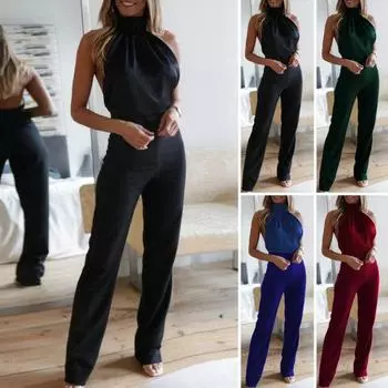 Женский летний комбинезон с открытой спиной и без рукавов, однотонный, с высоким воротником, с бретелькой на шее, облегающий комбинезон с открытыми плечами, женский комбинезон для выпускного вечера, женская одежда M чёрный