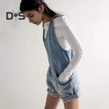 Женский летний комбинезон с открытой спиной и V-образным вырезом без рукавов, свободный регулируемый ремень в стиле ретро, накладной карман, сплошной цвет, уличная одежда с глубокой промежностью, комбинезон на подтяжках S светло-синий