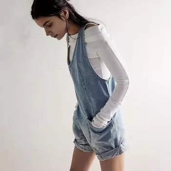 Женский летний комбинезон с открытой спиной и V-образным вырезом без рукавов, свободный регулируемый ремень в стиле ретро, накладной карман, сплошной цвет, уличная одежда с глубокой промежностью, комбинезон на подтяжках S светло-синий