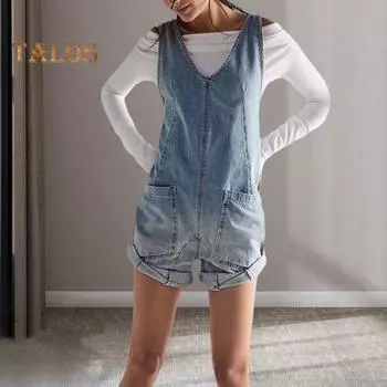 Женский летний комбинезон с открытой спиной и V-образным вырезом без рукавов, свободный регулируемый ремень в стиле ретро, накладной карман, сплошной цвет, уличная одежда с глубокой промежностью, комбинезон на подтяжках S светло-синий
