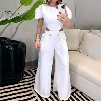 Женский летний комбинезон с открытой высокой талией и короткими рукавами с широкими карманами на ногах, полная длина с наклонным плечом, сплошной цвет с круглым вырезом, формальный стиль для поездок на работу, вечеринка M белый