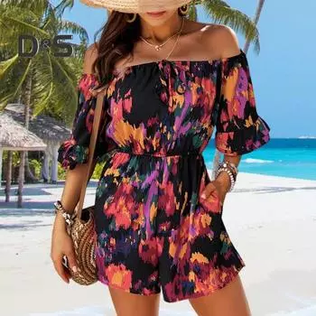 Женский летний комбинезон с открытыми плечами, бандо с рюшами и короткими рукавами, облегающий комбинезон с высокой талией и принтом на шнурке, свободные карманы, короткий комбинезон для пляжного отдыха XL чёрный