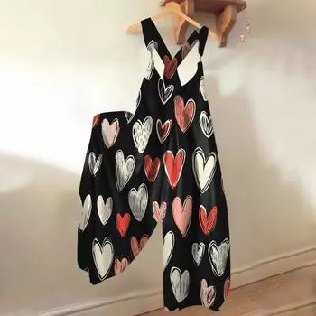 Женский летний комбинезон с принтом ко Дню святого Валентина, винтажный комбинезон (Нерегулируемый ремень) L чёрный