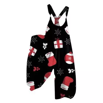 Женский летний комбинезон с рождественским принтом в винтажном стиле (Нерегулируемые ремни) L чёрный