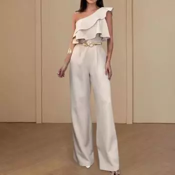 Женский летний комбинезон с рюшами, без рукавов, с высокой талией, с широкими штанинами, на одно плечо, с наклонной шеей, сплошной цвет, длинный комбинезон в повседневном стиле, облегающий длинный комбинезон S абрикосовый