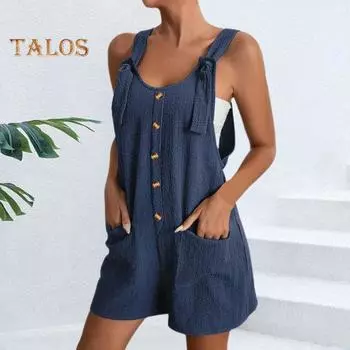 Женский летний комбинезон с U-образным вырезом, регулируемый ремень на шнуровке, декор без рукавов, пуговицы, сплошной цвет, карманы, свободные прямые, повседневные, пляжные, длиной выше колена, короткие S вино красного