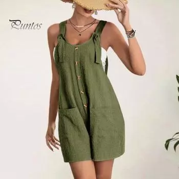 Женский летний комбинезон с U-образным вырезом, регулируемый ремень на шнуровке, декор без рукавов, пуговицы, сплошной цвет, карманы, свободные прямые, повседневные, пляжные, длиной выше колена, короткие S вино красного