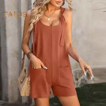 Женский летний комбинезон с U-образным вырезом, регулируемый ремень на шнуровке, без рукавов, сплошной цвет, карманы, свободный прямой, повседневный, пляжный, длиной выше колена, короткий цельный комбинезон S пурпурно красный