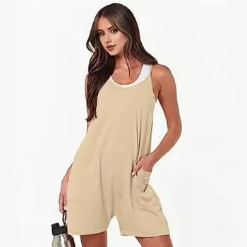 Женский летний комбинезон с V-образным вырезом и боковым карманом без рукавов, декор на пуговицах, однотонный, свободный, прямой, повседневный, пляжный, длиной выше колена, короткий цельный комбинезон L чёрный