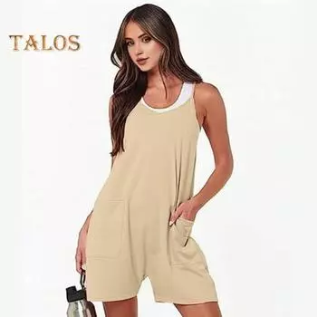 Женский летний комбинезон с V-образным вырезом и боковым карманом без рукавов, декор на пуговицах, однотонный, свободный, прямой, повседневный, пляжный, длиной выше колена, короткий цельный комбинезон L чёрный