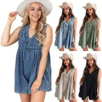 Женский летний комбинезон с V-образным вырезом, на шнуровке, плиссированный, без рукавов, с карманами, свободный, чистый цвет XL розы красного