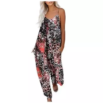 Женский летний комбинезон с высокой талией и широкими штанинами, комбинезон на подтяжках для женщин с карманами L красный