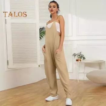 Женский летний комбинезон Свободный однотонный комбинезон без рукавов с широкими штанинами и V-образным вырезом с карманами Глубокая промежность Мягкие глубокие подмышки до щиколотки Длинный комбинезон для отпуска M синий