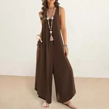 Женский летний комбинезон Свободный однотонный комбинезон без рукавов с широкими штанинами и V-образным вырезом с глубокими промежностью Мягкий нерегулярный подол длиной до щиколотки Длинный комбинезон для отдыха L чёрный