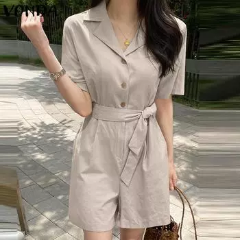 Женский летний комбинезон VONDA с короткими рукавами и завязками на талии, однотонный комбинезон