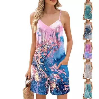 Женский летний комбинезон в полоску с градиентным принтом, свободные повседневные шорты-комбинезон L синий