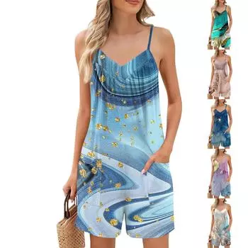 Женский летний комбинезон в полоску с градиентным принтом, свободные повседневные шорты-комбинезон L синий