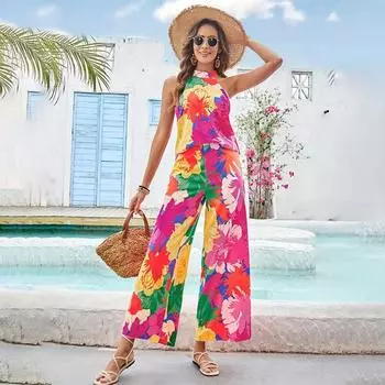 Женский летний комплект без рукавов с принтом, широкие расклешенные брюки S ярко-розовый