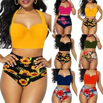 Женский летний комплект бикини с цветочным принтом и купальник с высокой талией, пляжная одежда S чёрный