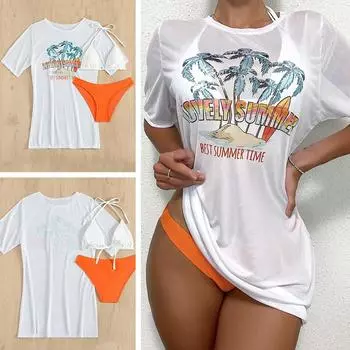 Женский летний комплект бикини с короткими рукавами и принтом, однотонный комплект стрингов, пляжная одежда, комплекты бикини из 3 предметов S оранжевый