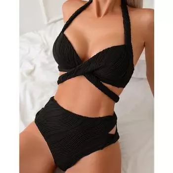 Женский летний комплект бикини с высокой талией, женский купальник, женский купальник с купальным костюмом, пляжная одежда, купальники для плавания S чёрный