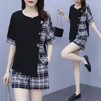 Женский летний комплект больших размеров Temperament, свободный тонкий топ с короткими рукавами + шорты, комплект из двух предметов 5XL