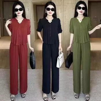 Женский летний комплект для поездок на работу, однотонный тонкий топ с короткими рукавами и брюки, повседневный комплект из двух предметов 4XL чёрный