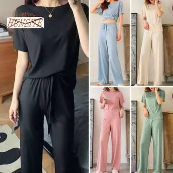 Женский летний комплект домашней одежды, корейский маленький свежий комплект с круглым вырезом для отдыха, футболка из ледяного шелка, эластичный пояс на шнурке, прямые широкие брюки, комплект из двух предметов зелёный