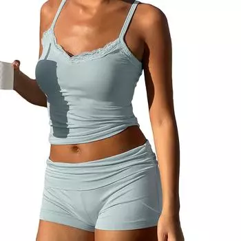 Женский летний комплект из 2 предметов без рукавов с V-образным вырезом и кружевной отделкой, лифчик, узкие шорты S