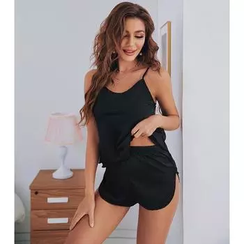 Женский летний комплект из 2 предметов домашней одежды, однотонная атласная домашняя одежда, топ на бретельках, шорты, пижамный комплект, тонкая сексуальная одежда для сна S чёрный