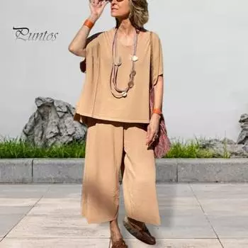 Женский летний комплект из 2 предметов: футболка с коротким рукавом и V-образным вырезом, свободный крой, широкие брюки, однотонный повседневный комплект M хаки