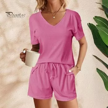 Женский летний комплект из 2 предметов: футболка с коротким рукавом и V-образным вырезом, эластичные шорты на талии, однотонный свободный покрой, повседневный наряд 2XL чёрный