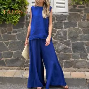 Женский летний комплект из 2 предметов: майка без рукавов, широкие брюки, повседневный комплект из льна и хлопка для отдыха на пляже XL темно-синий