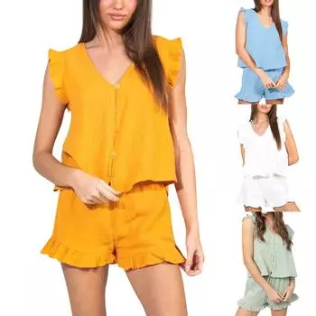 Женский летний комплект из 2 предметов, однотонная хлопковая рубашка без рукавов на пуговицах, комплект с шортами и топом с v-образным вырезом и шортами с высокой талией XL светло-синий