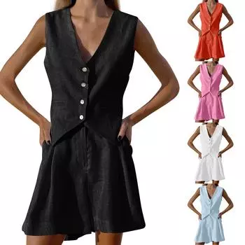 Женский летний комплект из 2 предметов, однотонная хлопковая рубашка без рукавов на пуговицах, комплект с шортами и топом с v-образным вырезом и шортами с высокой талией L синий