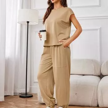 Женский летний комплект из 2 предметов, повседневный укороченный жилет на пуговицах с V-образным вырезом, топы, брюки с высокой талией, комплект костюмов L хаки