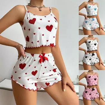 Женский летний комплект из 2 предметов: ребристая пижама, милый укороченный топ и шорты с принтом в виде сердечек S красный